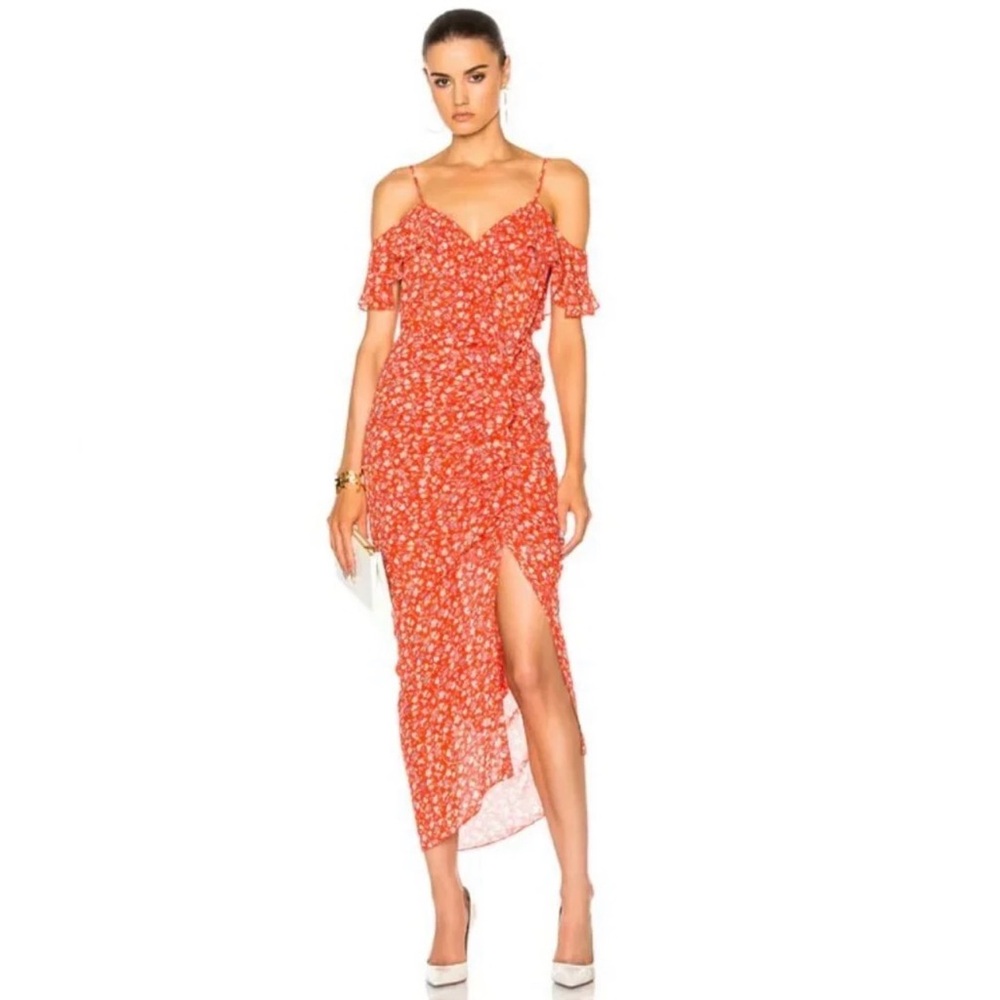 VERONICA BEARD Marilyn Cold Shoulder Ruffle Midi Dress Red Multi Size 2